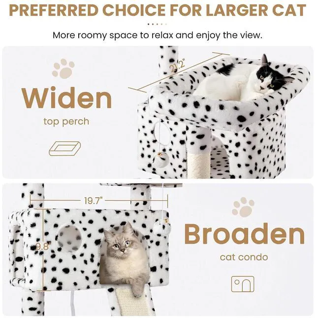 Alt view image 3 of 7 - 65in Larger Cat Tree Tower Condo for Indoor Kitties/Multi-Level Furniture Activity Center with Wide Base/Cozy Plush Perches/Baskets/Sisal Scratching Posts and Hammock/White & Black Spot