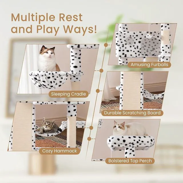 Alt view image 5 of 7 - 65in Larger Cat Tree Tower Condo for Indoor Kitties/Multi-Level Furniture Activity Center with Wide Base/Cozy Plush Perches/Baskets/Sisal Scratching Posts and Hammock/White & Black Spot