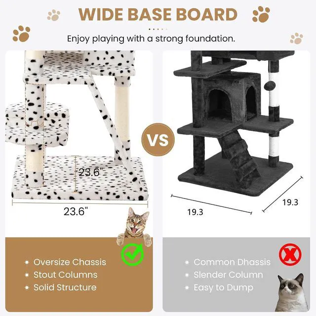 Alt view image 6 of 7 - 65in Larger Cat Tree Tower Condo for Indoor Kitties/Multi-Level Furniture Activity Center with Wide Base/Cozy Plush Perches/Baskets/Sisal Scratching Posts and Hammock/White & Black Spot