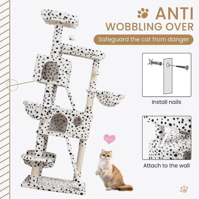 Alt view image 7 of 7 - 65in Larger Cat Tree Tower Condo for Indoor Kitties/Multi-Level Furniture Activity Center with Wide Base/Cozy Plush Perches/Baskets/Sisal Scratching Posts and Hammock/White & Black Spot