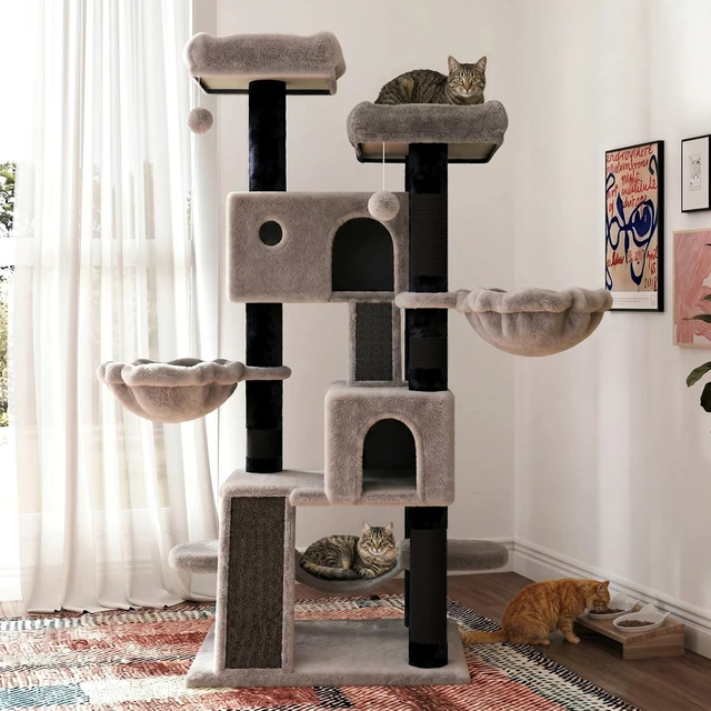 Alt view image 2 of 7 - 65in Larger Cat Tree Tower Condo for Indoor Kitties/Multi-Level Furniture Activity Center with Wide Base/Cozy Plush Perches/Baskets/Sisal Scratching Posts and Hammock/Black & Grey