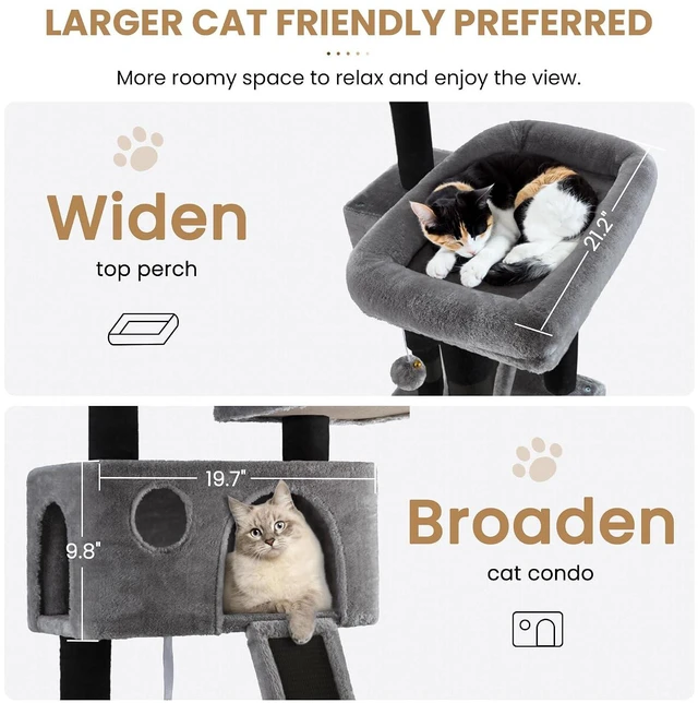 Alt view image 3 of 7 - 65in Larger Cat Tree Tower Condo for Indoor Kitties/Multi-Level Furniture Activity Center with Wide Base/Cozy Plush Perches/Baskets/Sisal Scratching Posts and Hammock/Black & Grey