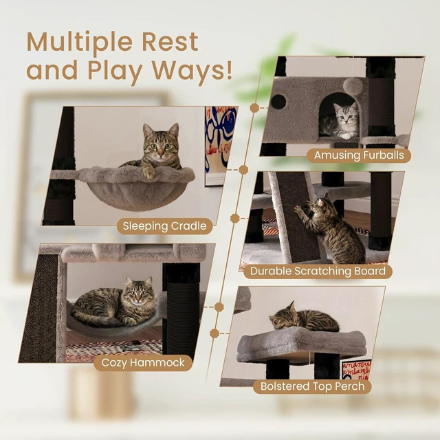 Alt view image 5 of 7 - 65in Larger Cat Tree Tower Condo for Indoor Kitties/Multi-Level Furniture Activity Center with Wide Base/Cozy Plush Perches/Baskets/Sisal Scratching Posts and Hammock/Black & Grey