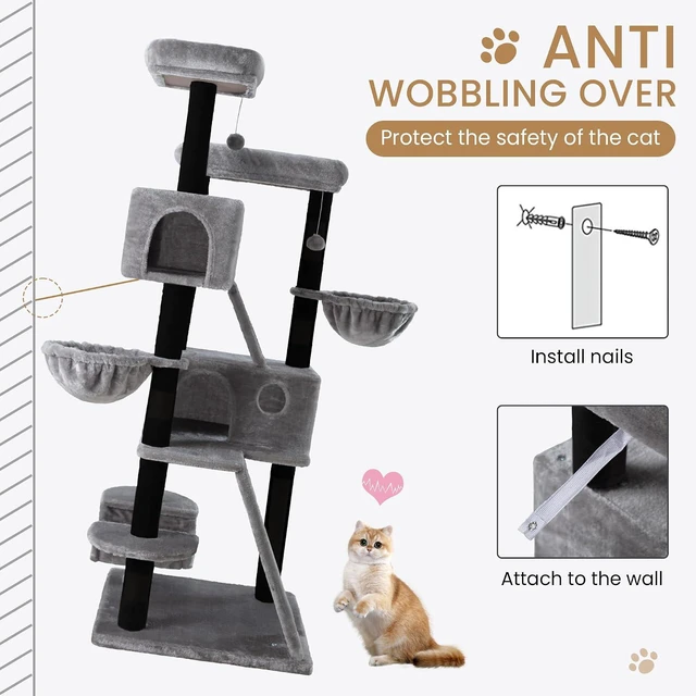 Alt view image 7 of 7 - 65in Larger Cat Tree Tower Condo for Indoor Kitties/Multi-Level Furniture Activity Center with Wide Base/Cozy Plush Perches/Baskets/Sisal Scratching Posts and Hammock/Black & Grey