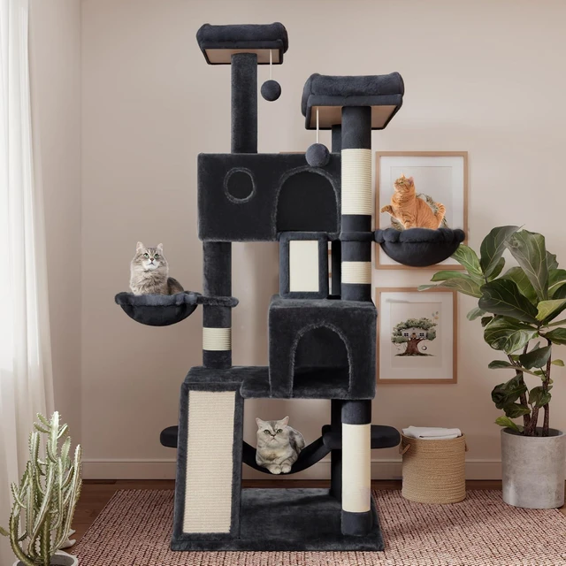 Alt view image 2 of 7 - 65in Larger Cat Tree Tower Condo for Indoor Kitties/Multi-Level Furniture Activity Center with Wide Base/Cozy Plush Cat Perches/Baskets/Sisal Scratching Posts and Hammock/Dark Grey