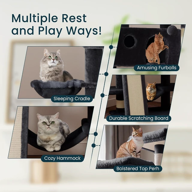 Alt view image 5 of 7 - 65in Larger Cat Tree Tower Condo for Indoor Kitties/Multi-Level Furniture Activity Center with Wide Base/Cozy Plush Cat Perches/Baskets/Sisal Scratching Posts and Hammock/Dark Grey
