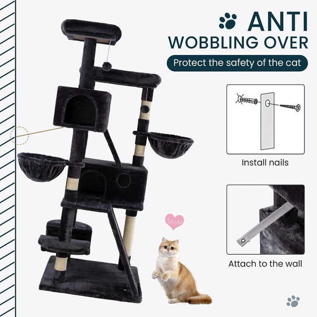 Alt view image 7 of 7 - 65in Larger Cat Tree Tower Condo for Indoor Kitties/Multi-Level Furniture Activity Center with Wide Base/Cozy Plush Cat Perches/Baskets/Sisal Scratching Posts and Hammock/Dark Grey