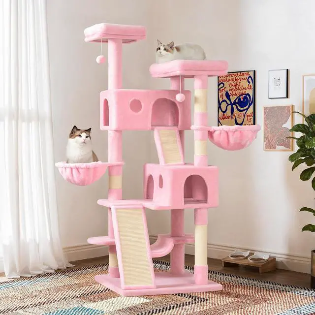 Main image of 65in Larger Cat Tree Tower Condo for Indoor Kitties/Multi-Level Furniture Activity Center with Wide Base/Cozy Plush Cat Perches/Baskets/Sisal Scratching Posts and Hammock/Pink