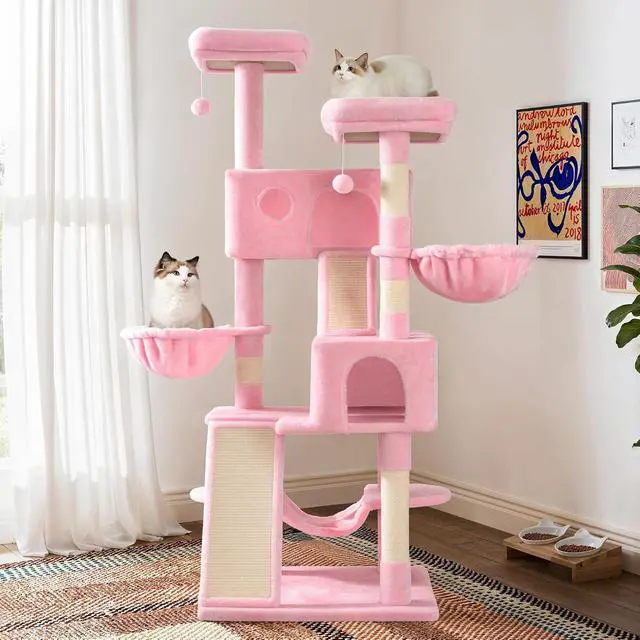 Alt view image 2 of 7 - 65in Larger Cat Tree Tower Condo for Indoor Kitties/Multi-Level Furniture Activity Center with Wide Base/Cozy Plush Cat Perches/Baskets/Sisal Scratching Posts and Hammock/Pink
