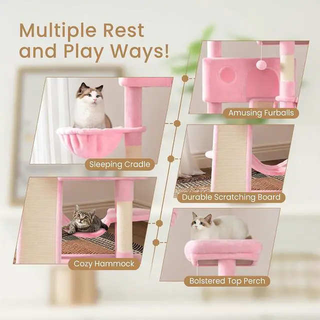 Alt view image 5 of 7 - 65in Larger Cat Tree Tower Condo for Indoor Kitties/Multi-Level Furniture Activity Center with Wide Base/Cozy Plush Cat Perches/Baskets/Sisal Scratching Posts and Hammock/Pink