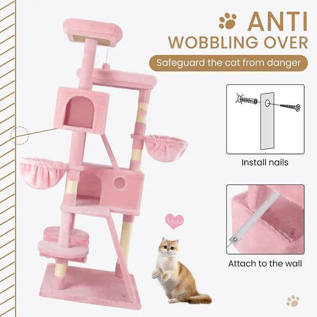 Alt view image 7 of 7 - 65in Larger Cat Tree Tower Condo for Indoor Kitties/Multi-Level Furniture Activity Center with Wide Base/Cozy Plush Cat Perches/Baskets/Sisal Scratching Posts and Hammock/Pink