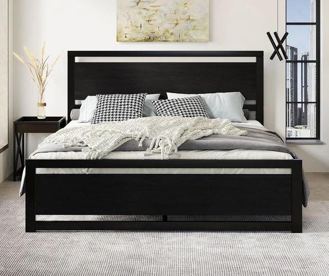 Main image of Heavy Duty King Size Bed Frame with Modern Headboard, Black | Platform Metal Base with Footboard and 13 Slats Support, No Box Spring Needed
