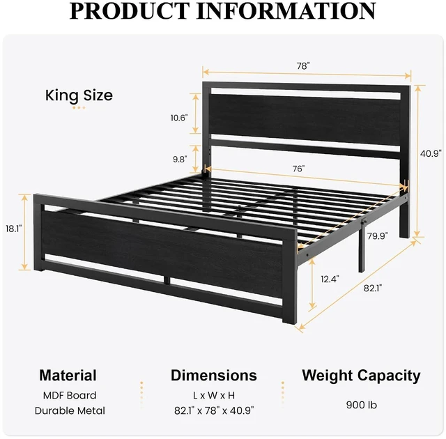 Alt view image 2 of 7 - Heavy Duty King Size Bed Frame with Modern Headboard, Black | Platform Metal Base with Footboard and 13 Slats Support, No Box Spring Needed