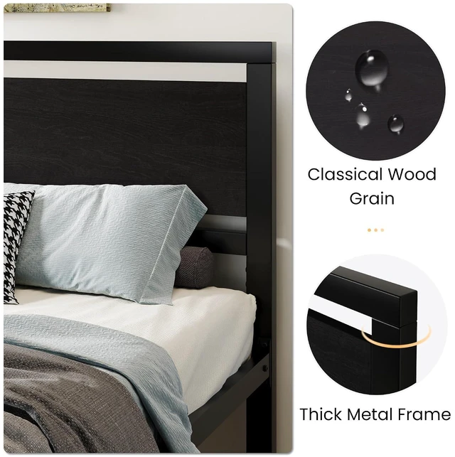 Alt view image 3 of 7 - Heavy Duty King Size Bed Frame with Modern Headboard, Black | Platform Metal Base with Footboard and 13 Slats Support, No Box Spring Needed