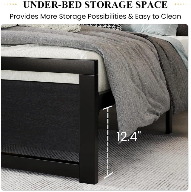 Alt view image 4 of 7 - Heavy Duty King Size Bed Frame with Modern Headboard, Black | Platform Metal Base with Footboard and 13 Slats Support, No Box Spring Needed