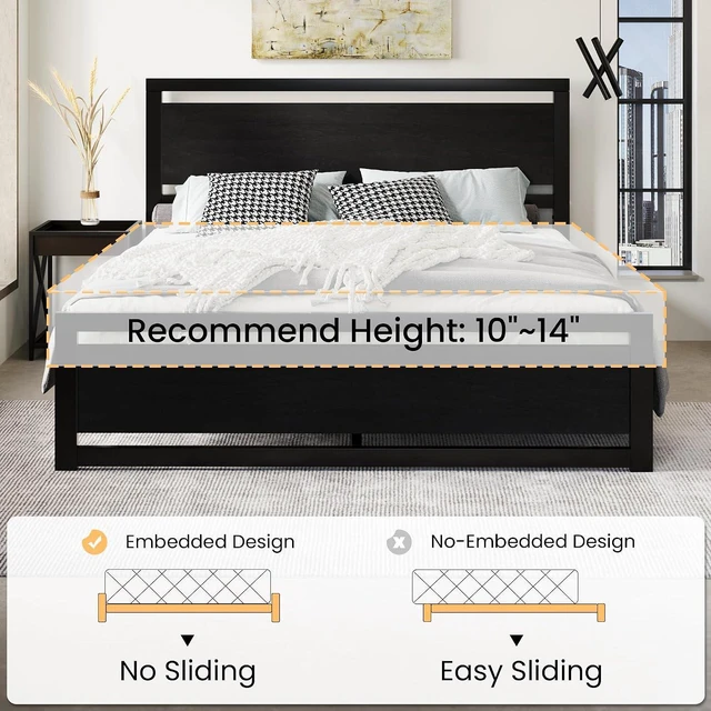 Alt view image 5 of 7 - Heavy Duty King Size Bed Frame with Modern Headboard, Black | Platform Metal Base with Footboard and 13 Slats Support, No Box Spring Needed