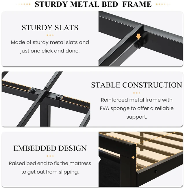 Alt view image 6 of 7 - Heavy Duty King Size Bed Frame with Modern Headboard, Black | Platform Metal Base with Footboard and 13 Slats Support, No Box Spring Needed