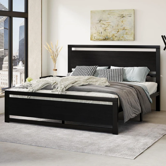 Alt view image 7 of 7 - Heavy Duty King Size Bed Frame with Modern Headboard, Black | Platform Metal Base with Footboard and 13 Slats Support, No Box Spring Needed