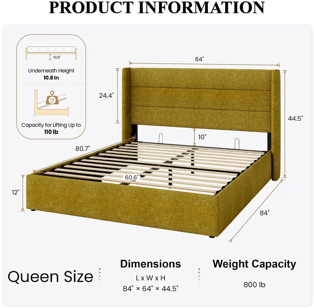 Alt view image 2 of 7 - Queen Size Lift Up Storage Bed/Modern Wingback Headboard/Upholstered Platform Bed Frame/Hydraulic Storage/No Box Spring Needed/Wood Slats Support/Olive Yellow