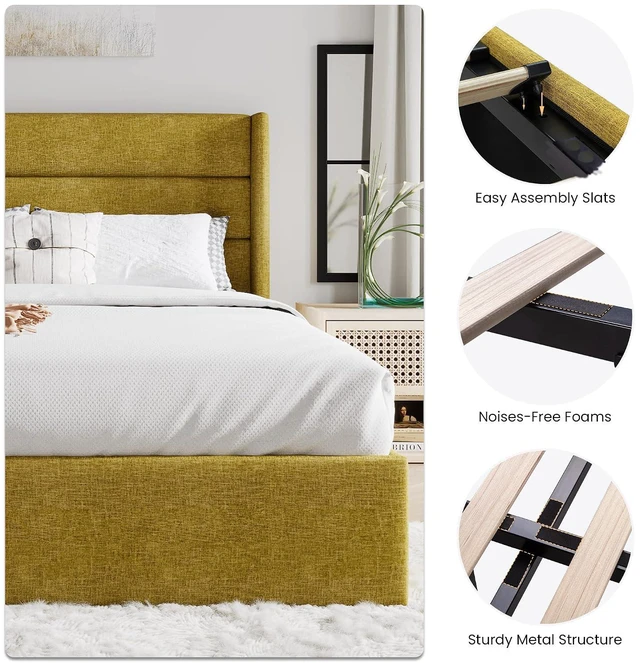 Alt view image 4 of 7 - King Size Lift Up Storage Bed/Modern Wingback Headboard/Upholstered Platform Bed Frame/Hydraulic Storage/No Box Spring Needed/Wood Slats Support/Olive Yellow