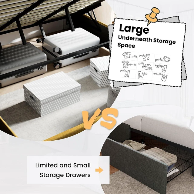 Alt view image 3 of 7 - King Size Lift Up Storage Bed/Modern Wingback Headboard/Upholstered Platform Bed Frame/Hydraulic Storage/No Box Spring Needed/Wood Slats Support/Olive Yellow