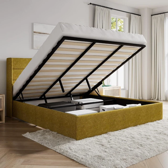 Main image of King Size Lift Up Storage Bed/Modern Wingback Headboard/Upholstered Platform Bed Frame/Hydraulic Storage/No Box Spring Needed/Wood Slats Support/Olive Yellow