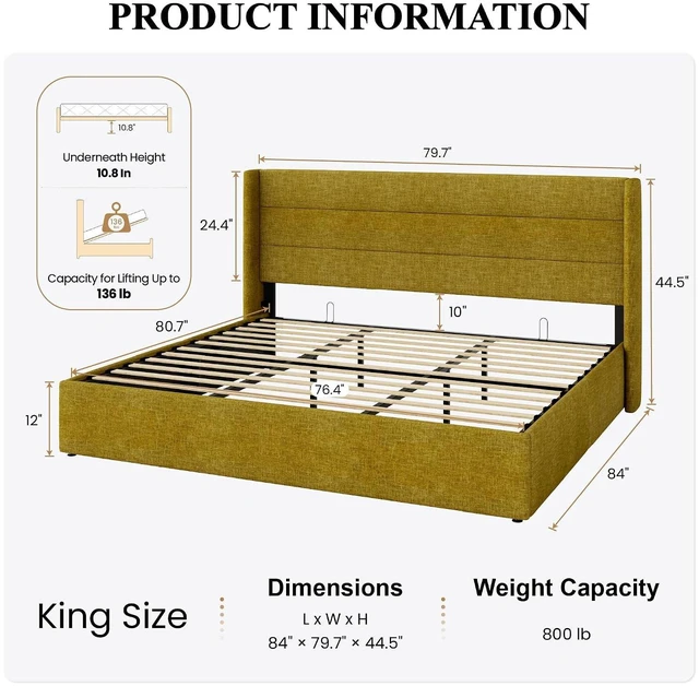 Alt view image 2 of 7 - King Size Lift Up Storage Bed/Modern Wingback Headboard/Upholstered Platform Bed Frame/Hydraulic Storage/No Box Spring Needed/Wood Slats Support/Olive Yellow