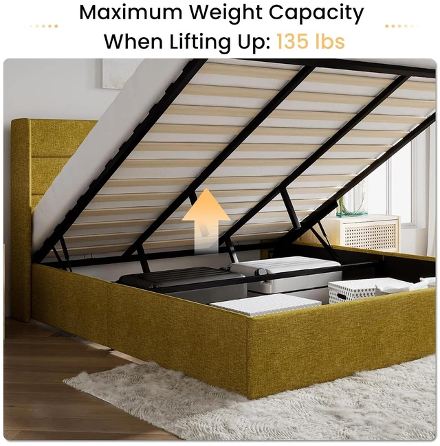 Alt view image 6 of 7 - King Size Lift Up Storage Bed/Modern Wingback Headboard/Upholstered Platform Bed Frame/Hydraulic Storage/No Box Spring Needed/Wood Slats Support/Olive Yellow