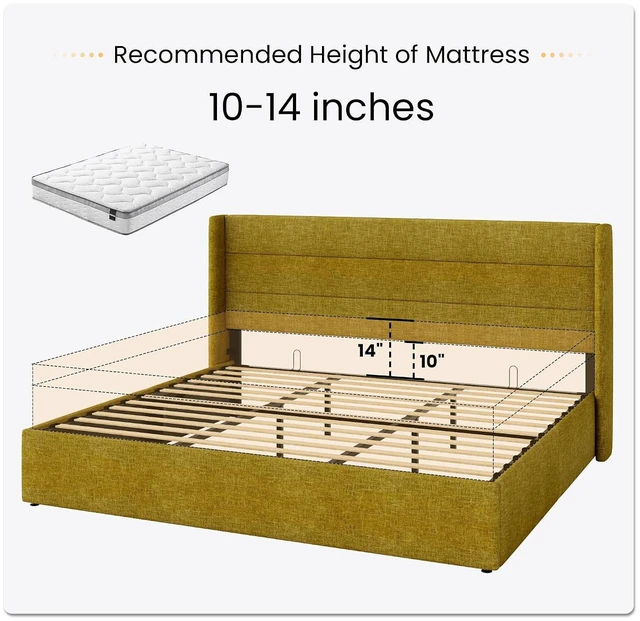 Alt view image 7 of 7 - King Size Lift Up Storage Bed/Modern Wingback Headboard/Upholstered Platform Bed Frame/Hydraulic Storage/No Box Spring Needed/Wood Slats Support/Olive Yellow