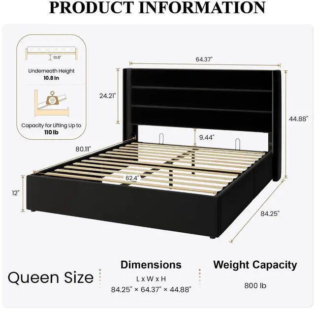 Alt view image 2 of 7 - Queen Size Lift Up Storage Bed/Velvet Upholstered/Modern Wingback Headboard/Upholstered Platform Bed Frame/Hydraulic Storage/No Box Spring Needed/Black
