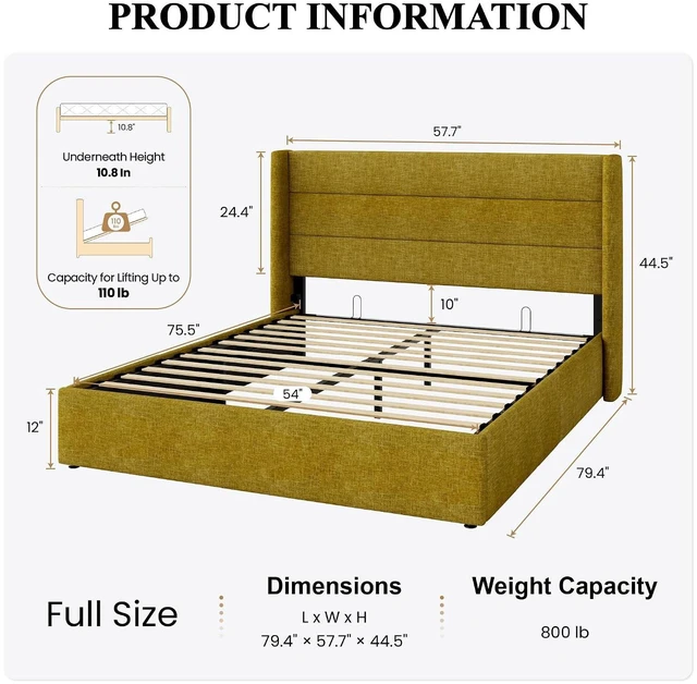 Alt view image 2 of 7 - Full Size Lift Up Storage Bed/Modern Wingback Headboard/Upholstered Platform Bed Frame/Hydraulic Storage/No Box Spring Needed/Wood Slats Support/Olive Yellow