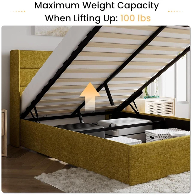 Alt view image 6 of 7 - Full Size Lift Up Storage Bed/Modern Wingback Headboard/Upholstered Platform Bed Frame/Hydraulic Storage/No Box Spring Needed/Wood Slats Support/Olive Yellow