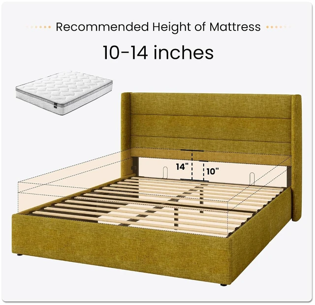Alt view image 7 of 7 - Full Size Lift Up Storage Bed/Modern Wingback Headboard/Upholstered Platform Bed Frame/Hydraulic Storage/No Box Spring Needed/Wood Slats Support/Olive Yellow