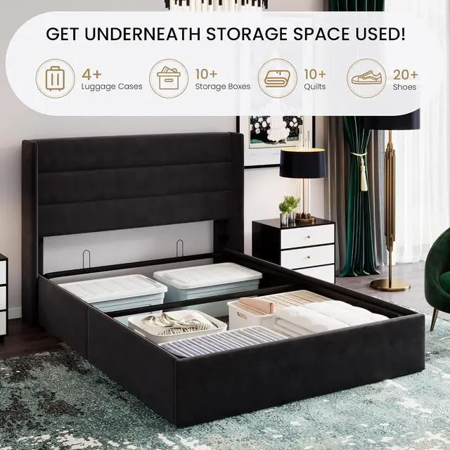 Alt view image 3 of 7 - Queen Size Lift Up Storage Bed/Velvet Upholstered/Modern Wingback Headboard/Upholstered Platform Bed Frame/Hydraulic Storage/No Box Spring Needed/Black