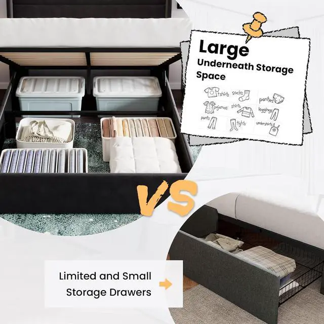 Alt view image 4 of 7 - Queen Size Lift Up Storage Bed/Velvet Upholstered/Modern Wingback Headboard/Upholstered Platform Bed Frame/Hydraulic Storage/No Box Spring Needed/Black