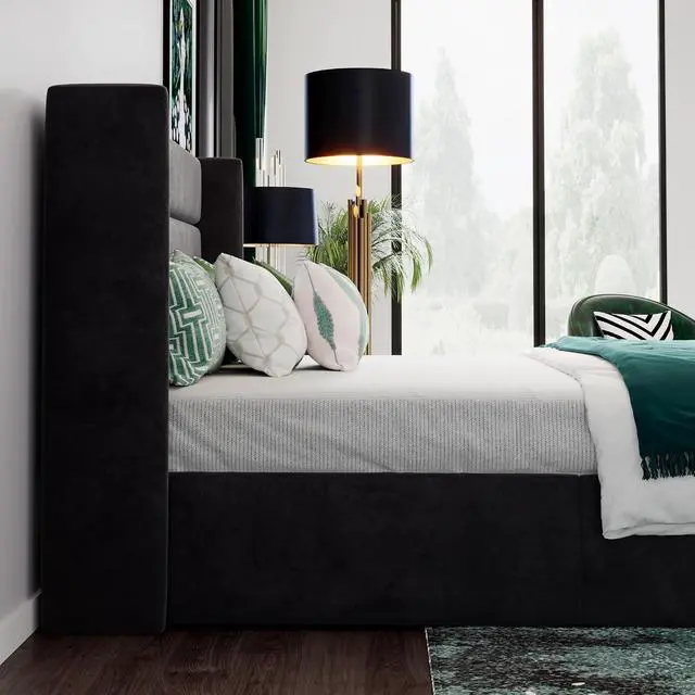 Alt view image 6 of 7 - Queen Size Lift Up Storage Bed/Velvet Upholstered/Modern Wingback Headboard/Upholstered Platform Bed Frame/Hydraulic Storage/No Box Spring Needed/Black