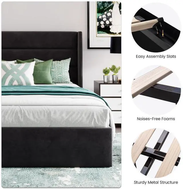 Alt view image 5 of 7 - Queen Size Lift Up Storage Bed/Velvet Upholstered/Modern Wingback Headboard/Upholstered Platform Bed Frame/Hydraulic Storage/No Box Spring Needed/Black