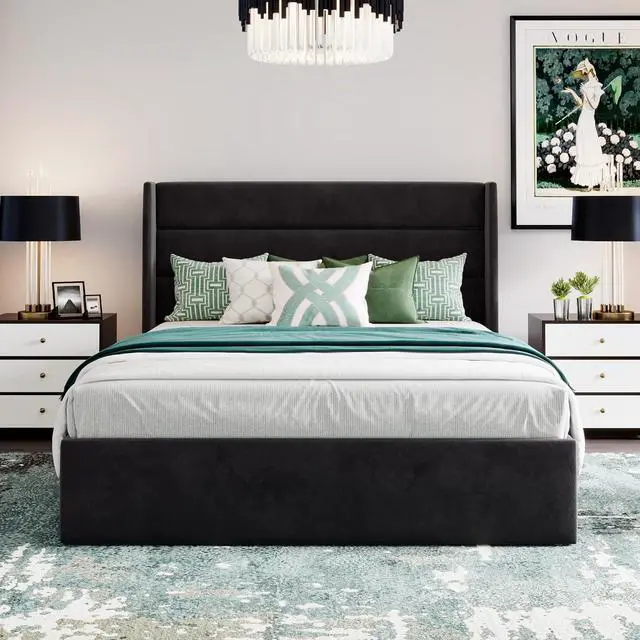 Alt view image 7 of 7 - Queen Size Lift Up Storage Bed/Velvet Upholstered/Modern Wingback Headboard/Upholstered Platform Bed Frame/Hydraulic Storage/No Box Spring Needed/Black