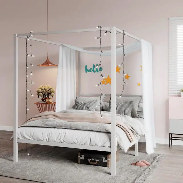 Main image of Metal Canopy Bed Frame Queen Size/Mattress Foundation with Metal Slats Support/No Box Spring Needed/Easy Assembly/White