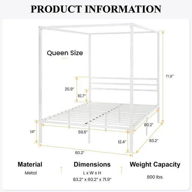 Alt view image 2 of 7 - Metal Canopy Bed Frame Queen Size/Mattress Foundation with Metal Slats Support/No Box Spring Needed/Easy Assembly/White