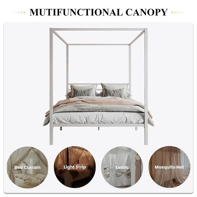 Alt view image 3 of 7 - Metal Canopy Bed Frame Queen Size/Mattress Foundation with Metal Slats Support/No Box Spring Needed/Easy Assembly/White