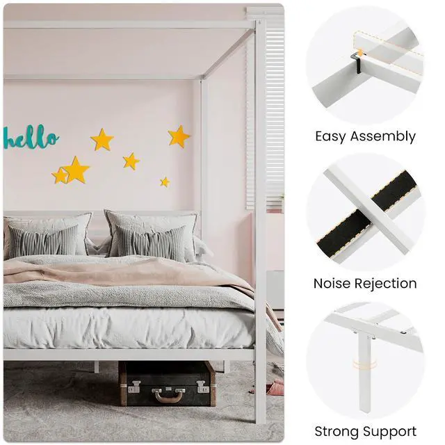 Alt view image 4 of 7 - Metal Canopy Bed Frame Queen Size/Mattress Foundation with Metal Slats Support/No Box Spring Needed/Easy Assembly/White