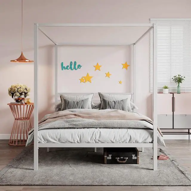 Alt view image 6 of 7 - Metal Canopy Bed Frame Queen Size/Mattress Foundation with Metal Slats Support/No Box Spring Needed/Easy Assembly/White