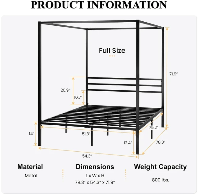 Alt view image 2 of 7 - Canopy Bed Frame Full Size/Mattress Foundation with Metal Slats Support/No Box Spring Needed/Easy Assembly/Black
