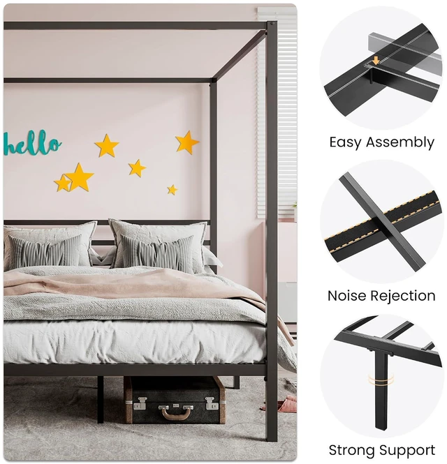Alt view image 4 of 7 - Canopy Bed Frame Full Size/Mattress Foundation with Metal Slats Support/No Box Spring Needed/Easy Assembly/Black