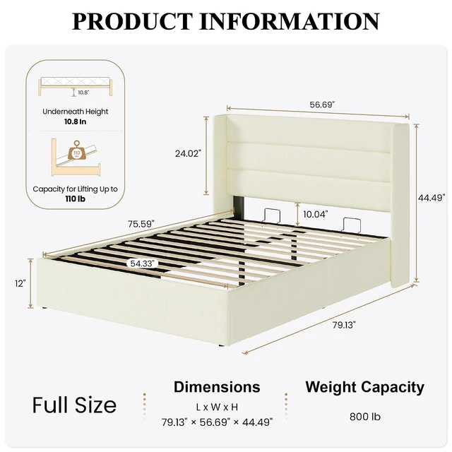 Alt view image 2 of 7 - Full Size Lift Up Storage Bed/Chenille Fabric Upholstered/Modern Wingback Headboard/Platform Bed Frame/Hydraulic Storage/No Box Spring Needed/Wood Slats Support/Cream