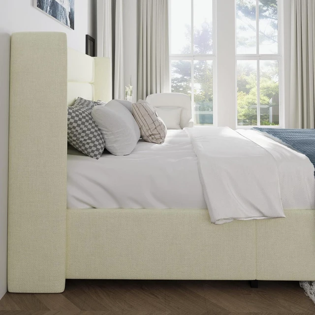 Alt view image 6 of 7 - Full Size Lift Up Storage Bed/Chenille Fabric Upholstered/Modern Wingback Headboard/Platform Bed Frame/Hydraulic Storage/No Box Spring Needed/Wood Slats Support/Cream
