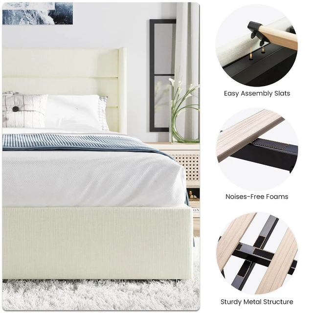 Alt view image 5 of 7 - Full Size Lift Up Storage Bed/Chenille Fabric Upholstered/Modern Wingback Headboard/Platform Bed Frame/Hydraulic Storage/No Box Spring Needed/Wood Slats Support/Cream