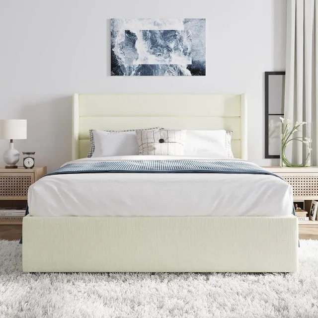 Alt view image 7 of 7 - Full Size Lift Up Storage Bed/Chenille Fabric Upholstered/Modern Wingback Headboard/Platform Bed Frame/Hydraulic Storage/No Box Spring Needed/Wood Slats Support/Cream