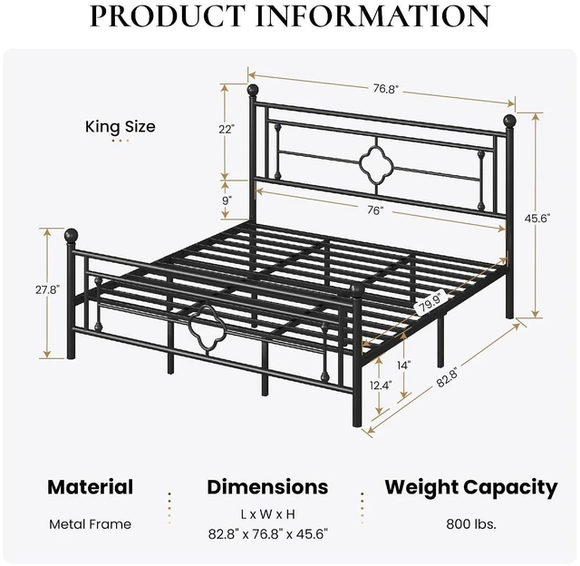 Alt view image 2 of 7 - 14 Inches King Size Metal Platform Bed Frame/Vintage Iron-Art Headboard and Footboard/Mattress Foundation for Storage/No Box Spring Needed/Noise-Free/Easy Assembly/Black